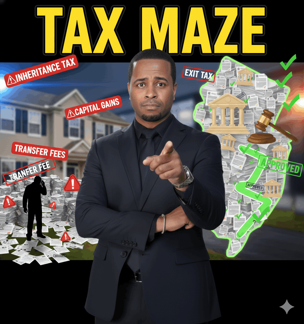 Real estate probate expert guiding executors through the tax maze of selling inherited property in Bergen County, including inheritance tax, capital gains, exit tax, and transfer fees.