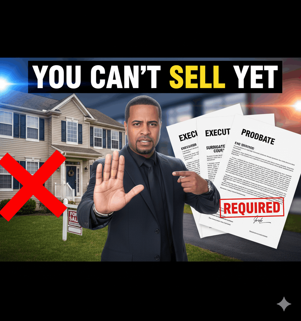 Executor stopping a home sale while holding probate documents, illustrating the legal first steps for selling inherited property in Bergen County NJ.