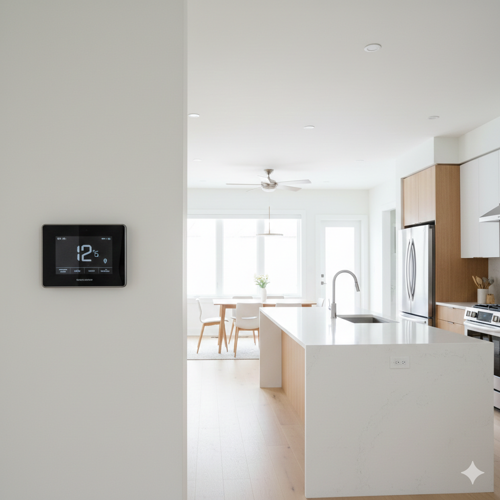 Smart home interior in Bergen County featuring energy-efficient upgrades like modern HVAC, smart thermostat, and efficient appliances.
