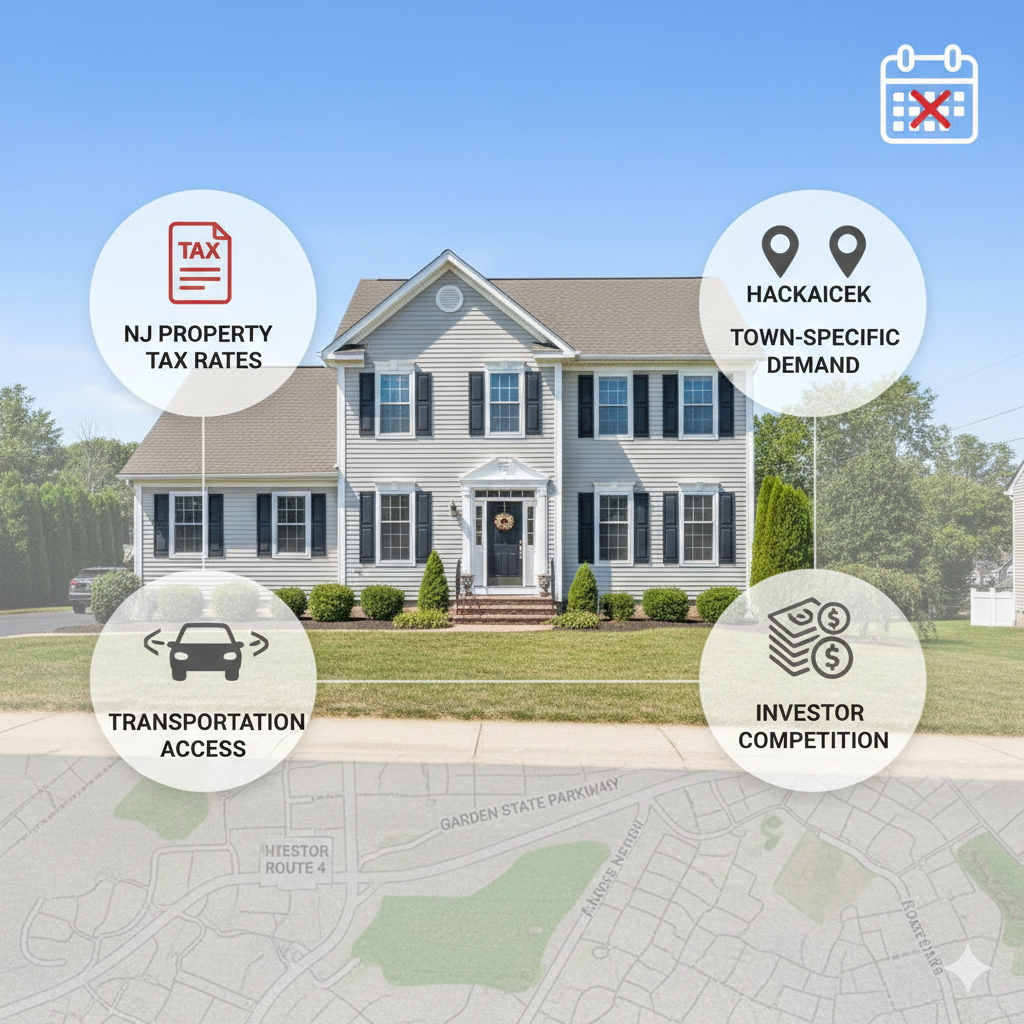 Graphic showing local Bergen County factors like property taxes, town demand, and highway access that affect how fast homes sell.