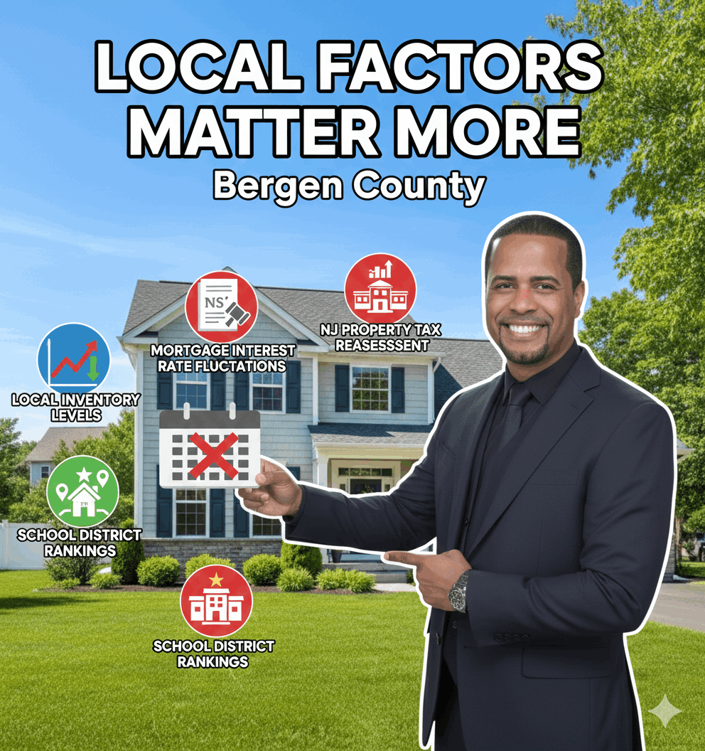 MrBeast-style image showing Bergen County home with local factors like interest rates, property taxes, school rankings, and town-specific demand affecting when to sell.