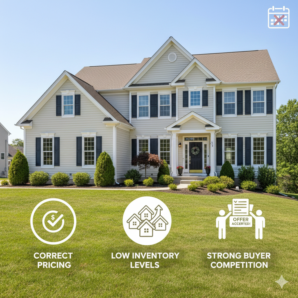 Graphic showing pricing accuracy, inventory levels, and buyer competition as the main factors that help sell a home fast in Bergen County.