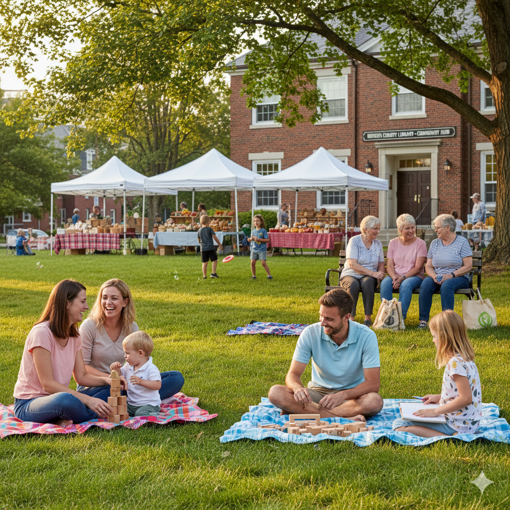 Community activities in Bergen County NJ with families and seniors enjoying a farmers market and outdoor family activities in a neighborhood park.