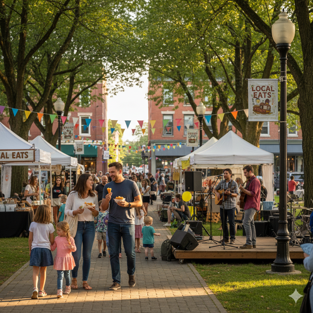 Family-friendly outdoor festival in Bergen County NJ featuring local food vendors, live music, and community events in a walkable downtown setting.