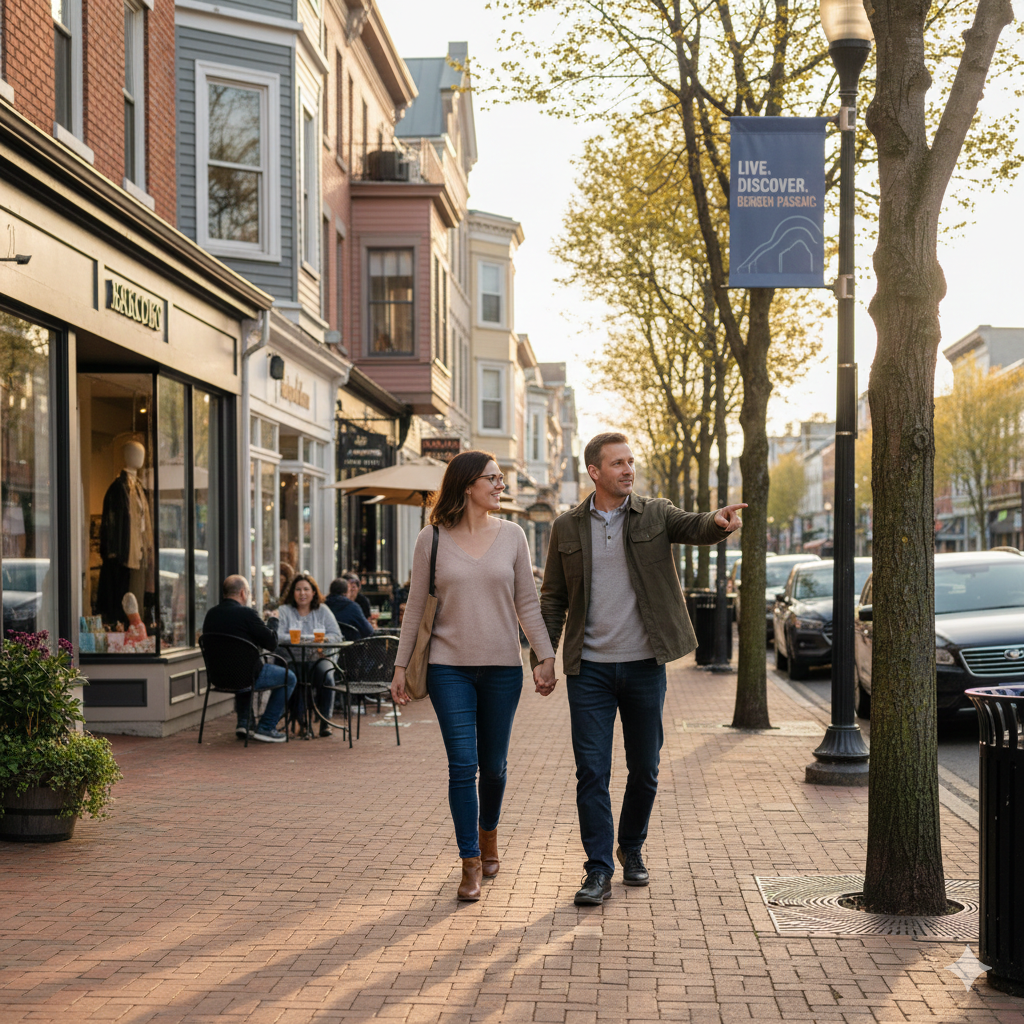 Couple walking through a walkable downtown in Bergen County NJ, highlighting community lifestyle, local shops, and everyday living near events and amenities.