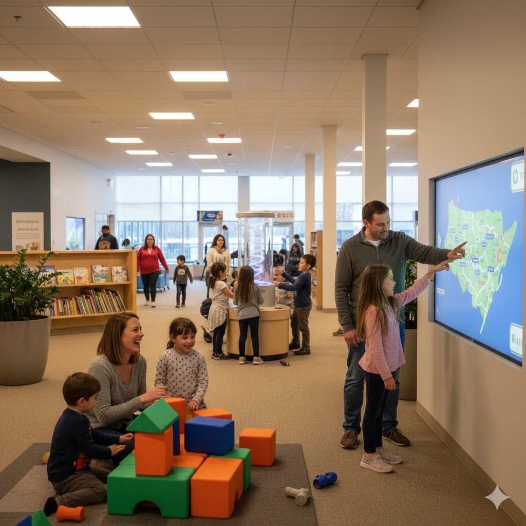 Family enjoying indoor museum activities in Bergen County NJ, featuring interactive exhibits and educational play areas for children.