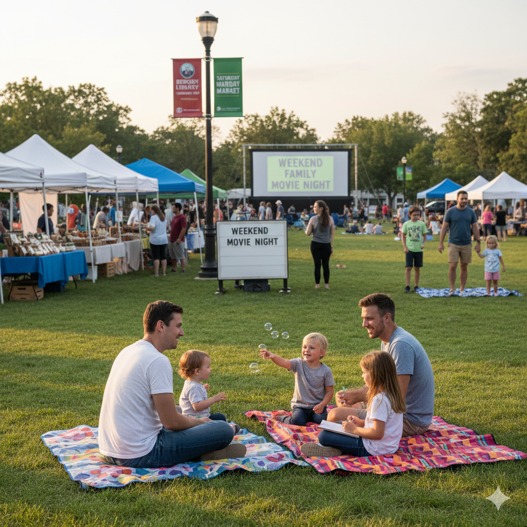 Family-friendly weekend activities in Bergen County NJ with parents and children enjoying an outdoor movie night and local farmers market in a community park.
