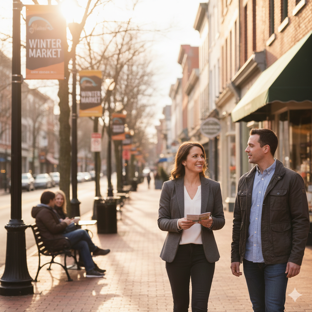 Real estate agent walking with clients through a walkable downtown in Bergen County NJ, discussing neighborhood lifestyle and community living.