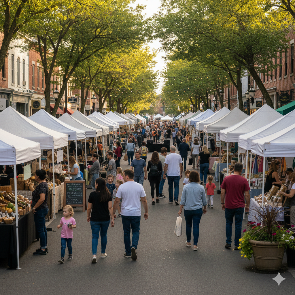 Weekend street fair in Bergen County NJ with families walking through outdoor vendor tents, showcasing local events, shopping, and community activities.
