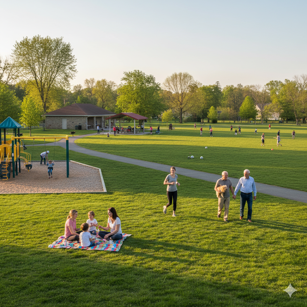Families enjoying outdoor recreation at a Bergen County park with walking trails, playgrounds, and open green space during a weekend afternoon.