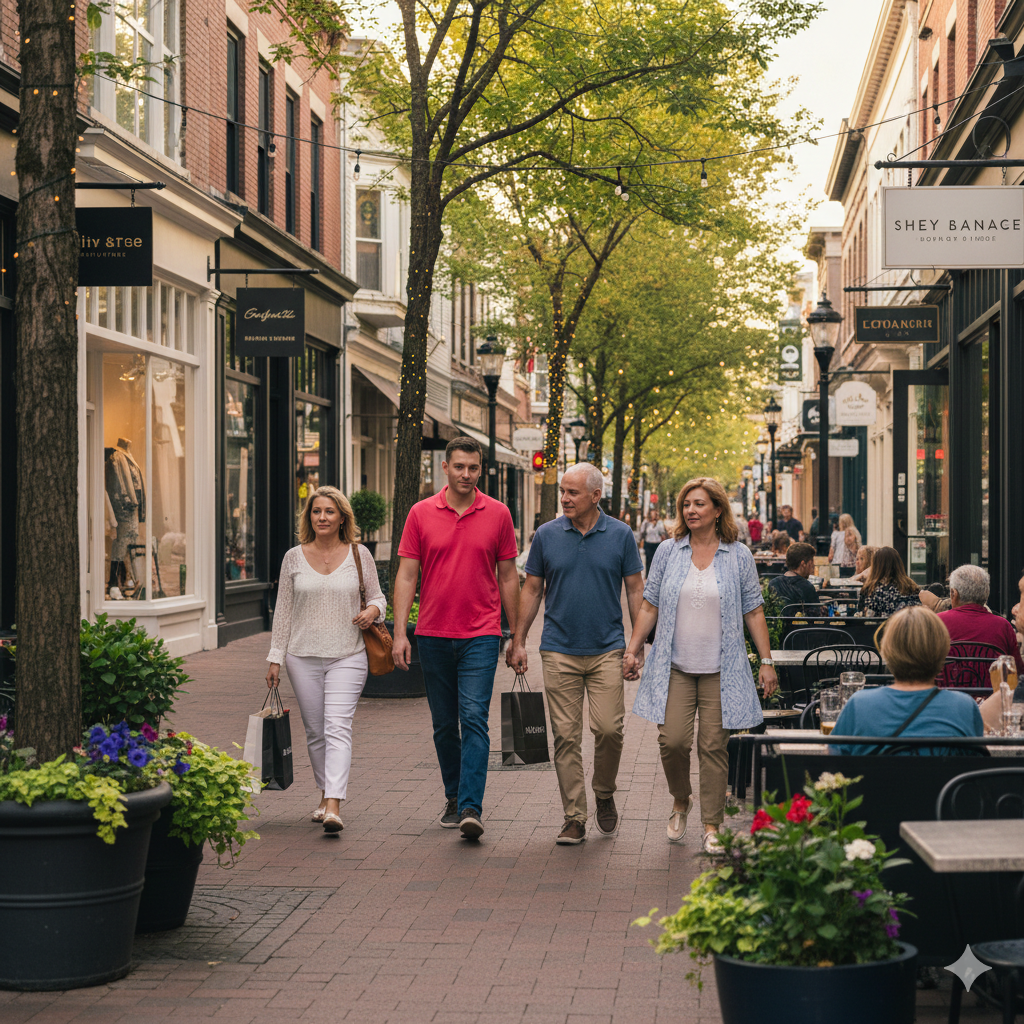 People shopping and dining along a walkable downtown street in Bergen County NJ, highlighting local boutiques, restaurants, and community lifestyle.