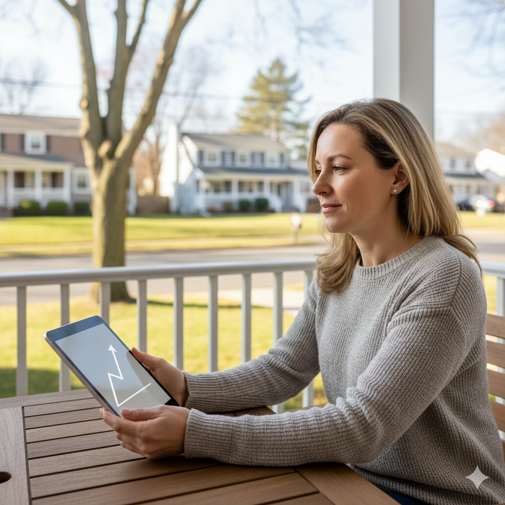 Homeowner reviewing mortgage information on a tablet as interest rates rise in Passaic County, NJ, illustrating interest rate impact on short sales and homeowner affordability in 2026.