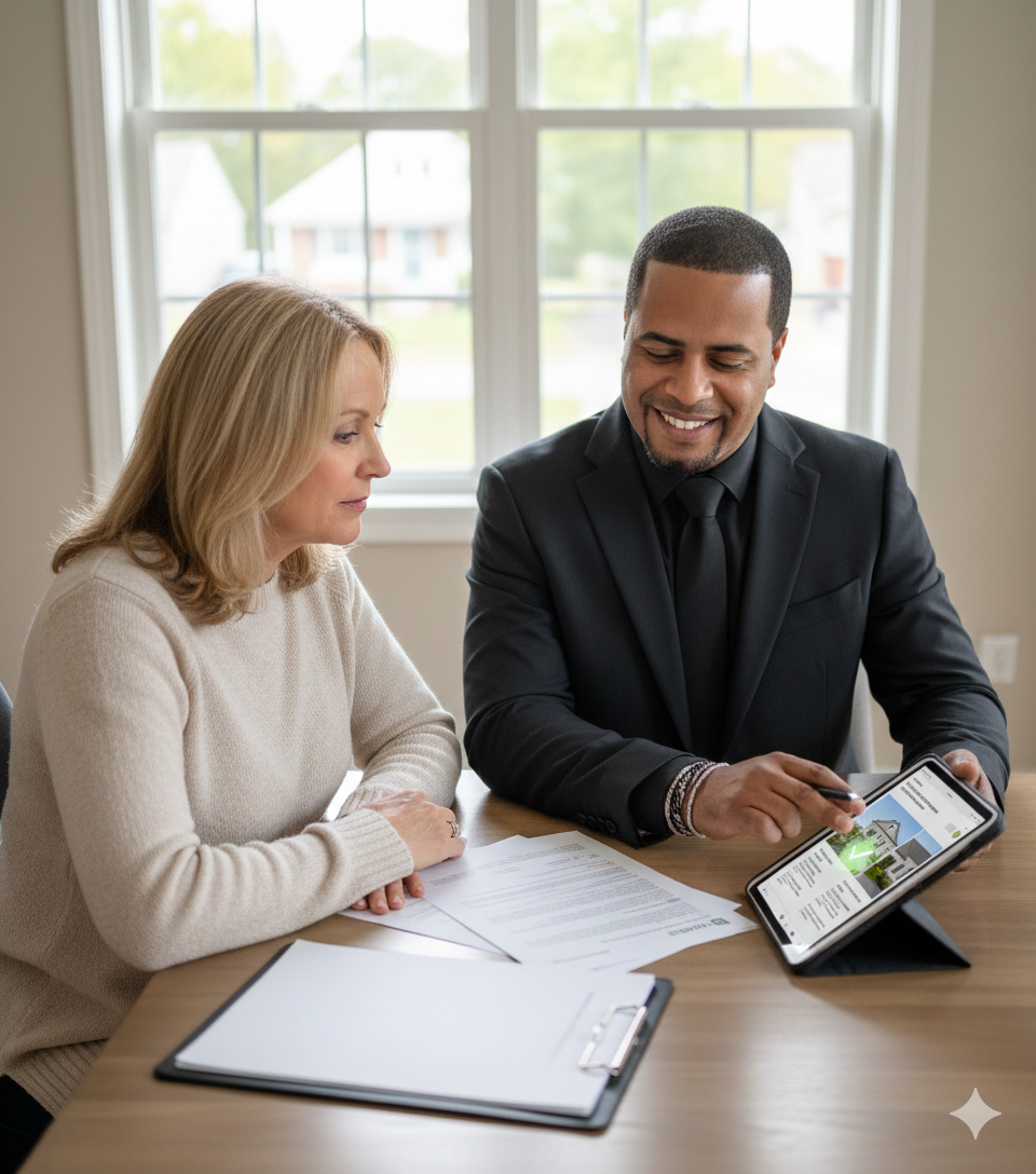 Homeowner and real estate agent reviewing documents together in Passaic County, NJ, illustrating short sale options as financial relief to avoid foreclosure in 2026.