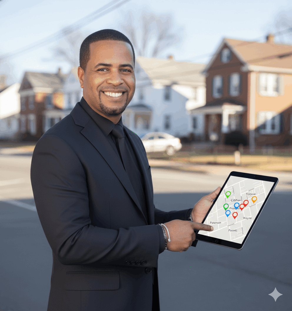Real estate agent highlighting neighborhood short sale opportunities on a tablet map in Passaic County, NJ, showcasing Clifton, Paterson, Passaic, and Wayne markets for 2026.