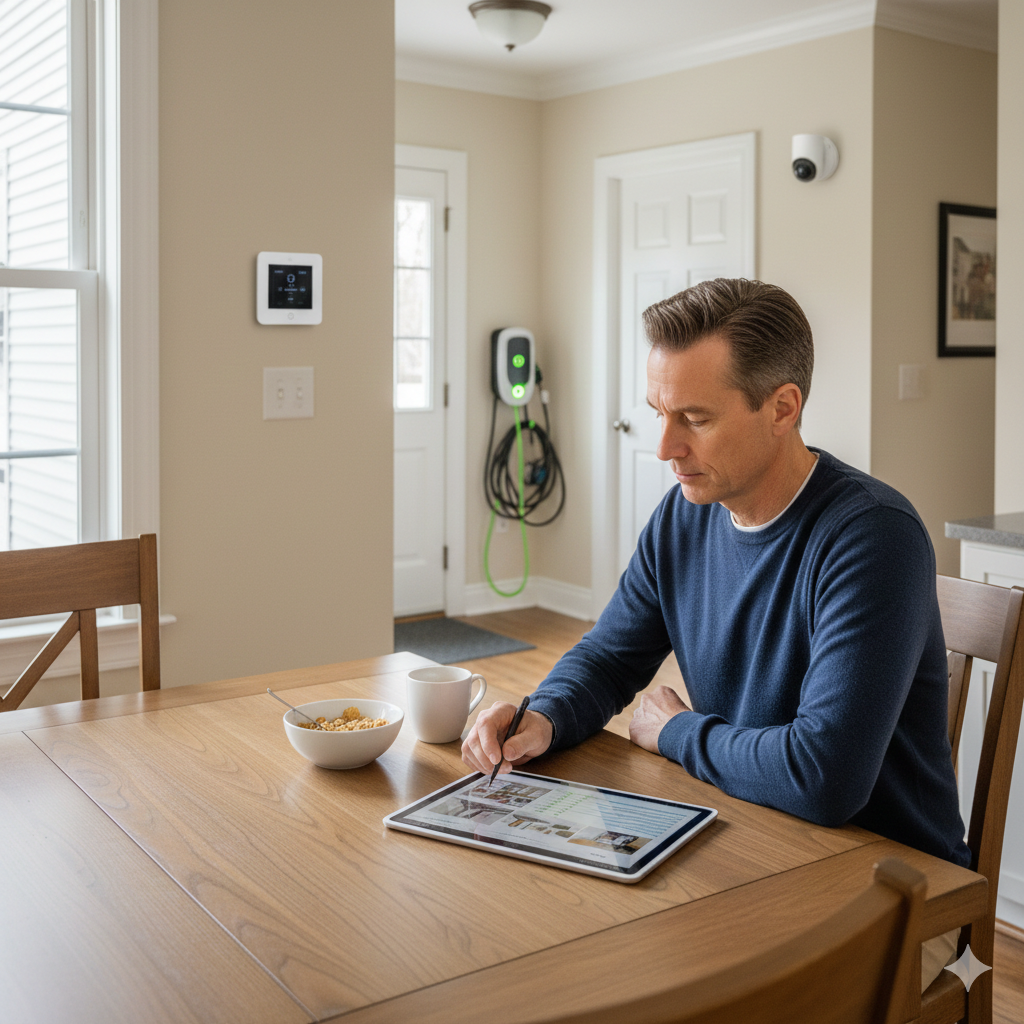 Passaic County homeowner reviewing smart home upgrades and ROI, highlighting energy efficiency, security systems, and EV charging features that increase resale value in New Jersey.