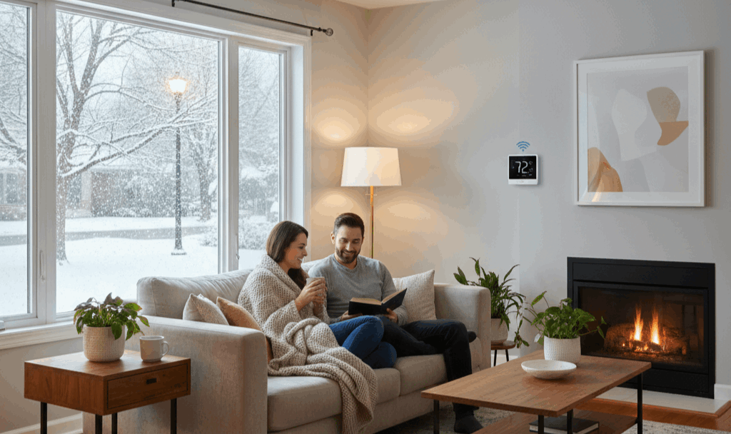 I-enabled smart thermostat providing energy-efficient winter heating inside a Passaic County home, highlighting smart climate control upgrades that increase home value in New Jersey.