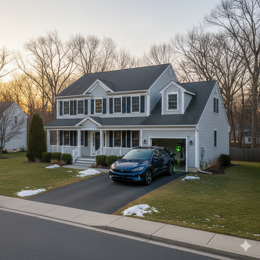 EV-ready Passaic County home with a Level 2 electric vehicle charging station, showing smart home upgrades that increase resale value and appeal to 2026 buyers in New Jersey.