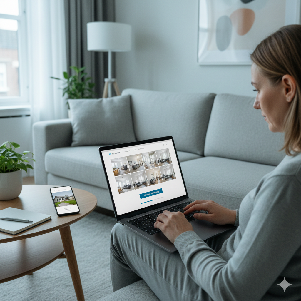 Digital-first home selling strategy in 2026 showing a buyer reviewing a virtual home tour and professional listing photos online before scheduling an in-person showing in Passaic County.