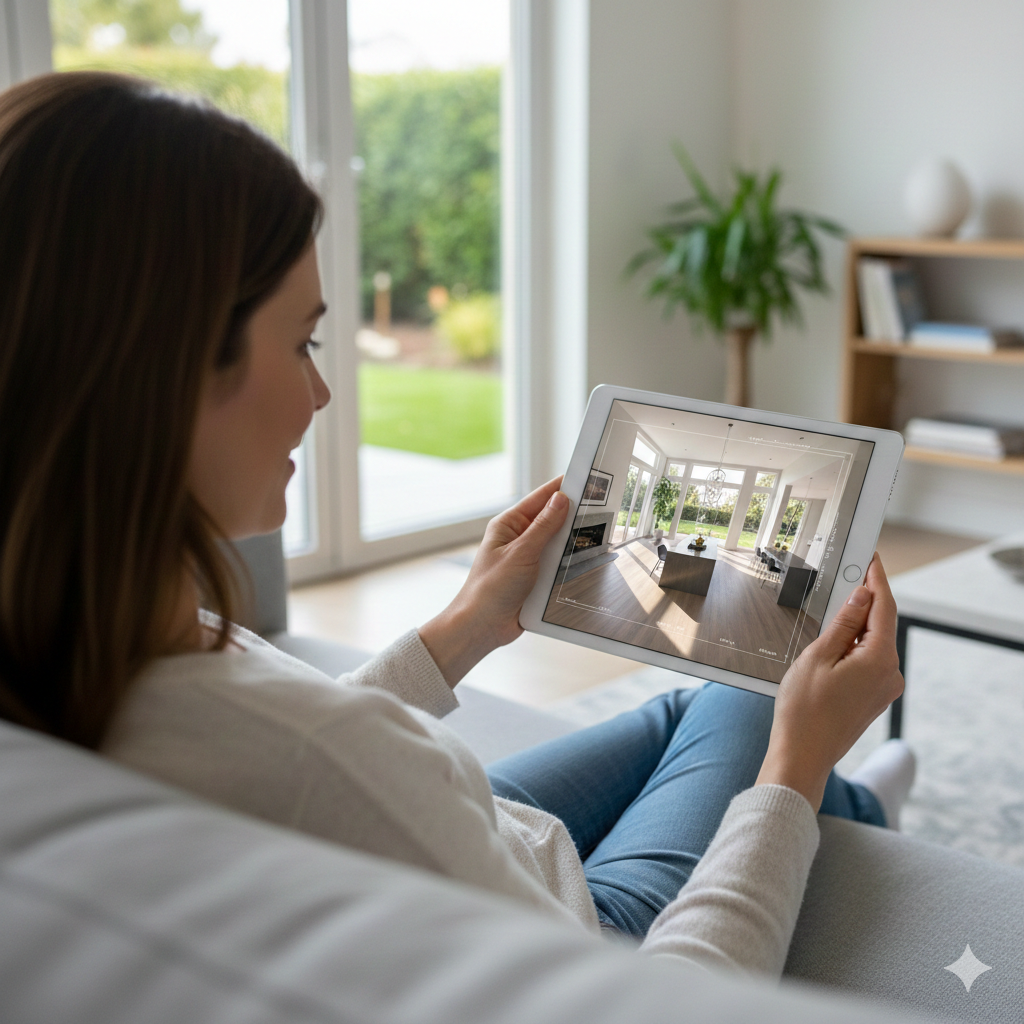 Buyer viewing a 3D virtual home tour with interactive floor plan and realistic lighting, showing how modern virtual walkthroughs help buyers explore homes confidently before in-person showings.