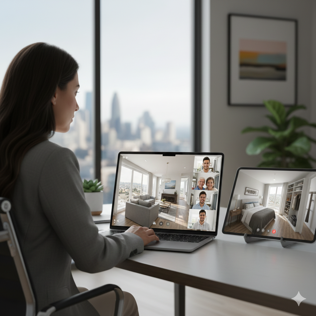 Out-of-state buyer viewing a virtual home tour as a digital open house, showing how Passaic County homes attract relocation buyers through always-available online showings.