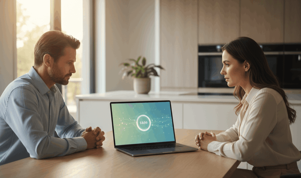 Homeowner reviewing AI-driven pricing insights with a real estate professional, illustrating predictive analytics used to price Passaic County homes accurately and avoid overpricing or undervaluing.