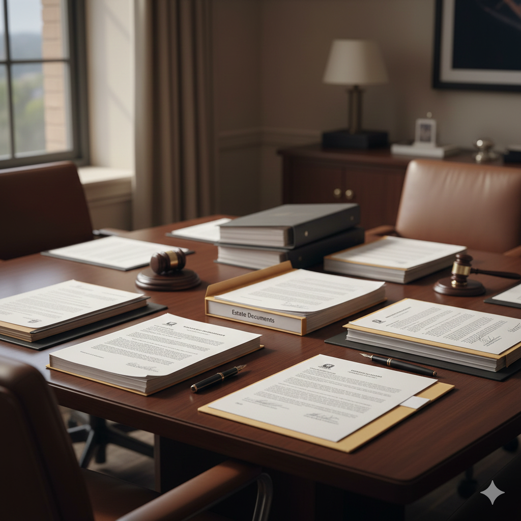 Estate documents and legal paperwork arranged on a conference table representing the New Jersey probate process for executors and inherited property sales