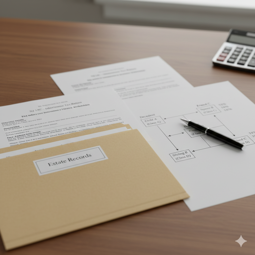 Estate documents and family relationship paperwork representing New Jersey inheritance tax rules