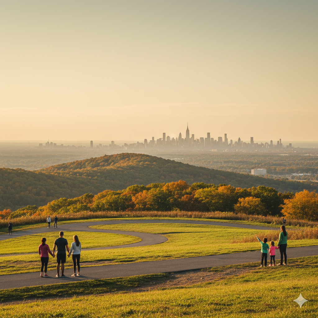 Garret Mountain Reservation hiking trails and scenic overlook with New York City skyline views in Passaic County NJ