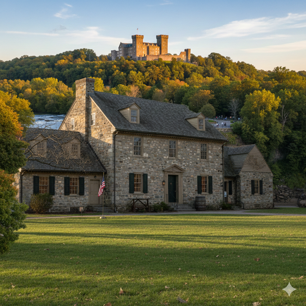 Historical landmarks in Passaic County NJ including Dey Mansion, Lambert Castle, and Paterson Great Falls during America 250 events