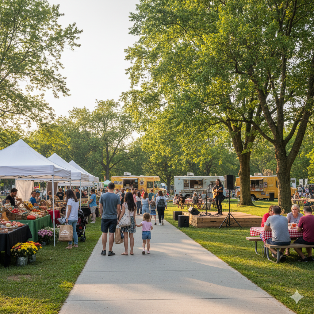 Weekend events North Jersey scene with families walking through a park farmers market, vendor tents, food trucks, and live music on an outdoor stage.