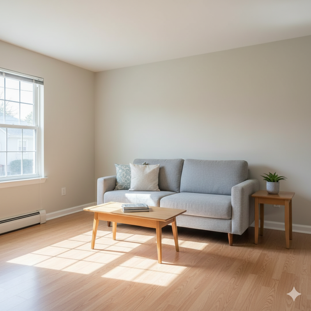 Softly staged South Hackensack living room with neutral decor and natural light to help buyers visualize living there