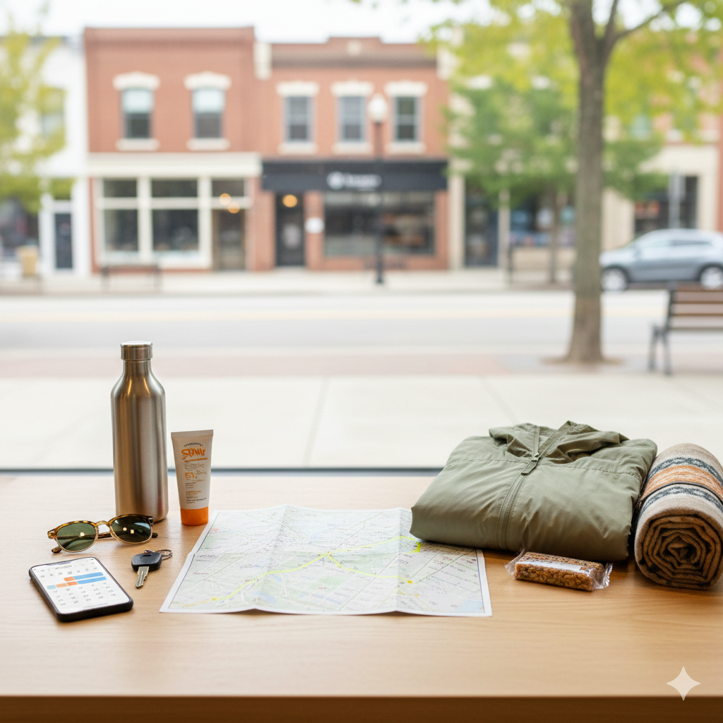 Weekend planning essentials on a table with a map, calendar on a phone, car keys, water bottle, sunscreen, light jacket, snack, and picnic blanket with a walkable downtown view outside.