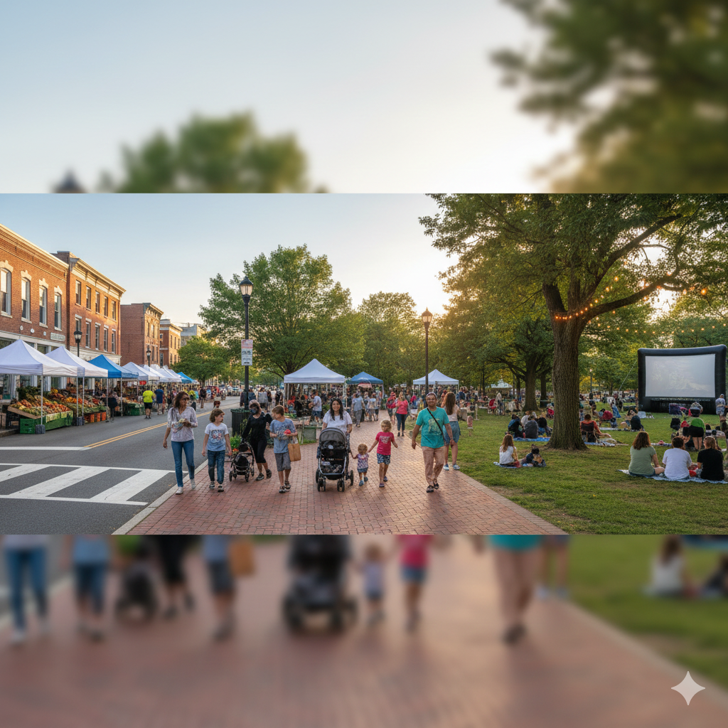 North Jersey weekend event scene showing a walkable downtown farmers market beside a park festival, families strolling, vendor tents, and an outdoor movie night setup at sunset.