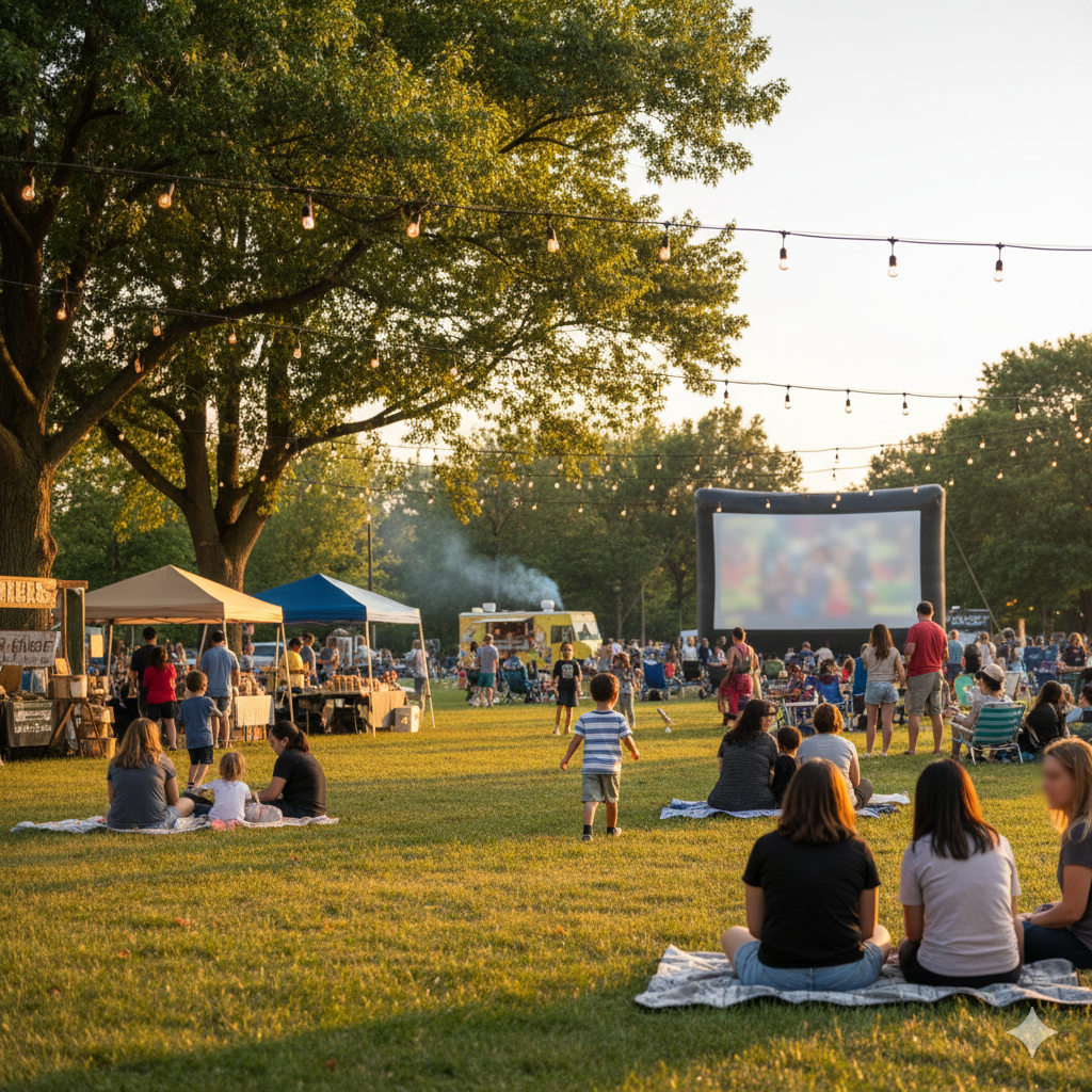 Passaic County weekend event in a local park with outdoor movie night, families on blankets, string lights, vendor tents, and a food truck at sunset.