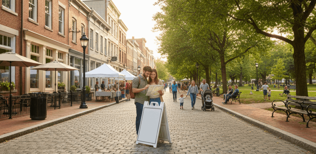 Walkable North Jersey downtown weekend scene with a street fair beside a tree-lined park, families strolling, and a couple reviewing a map near a blank open house style sign.