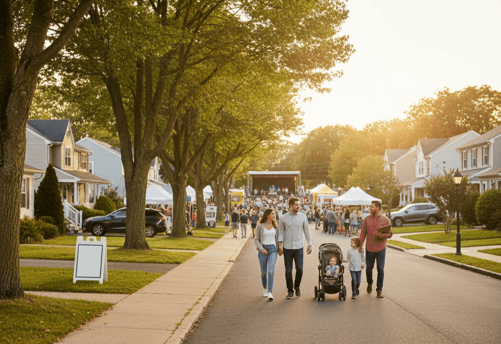 Family walking down a tree-lined North Jersey neighborhood street toward a community festival, with a subtle real estate planning cue like a folder and a blank yard sign in warm sunset light.