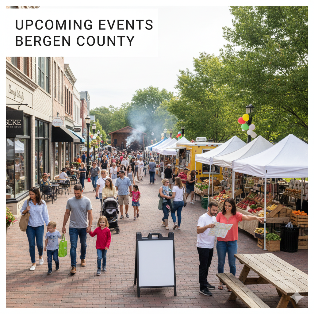 Bergen County weekend street fair in a walkable downtown with vendor tents, food trucks, farmers market produce, families strolling, and a blank space for an “Upcoming Events” header.
