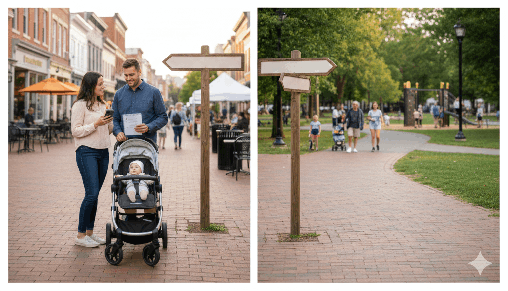 Couple with a stroller comparing neighborhoods using a phone map and checklist, with blank direction signs pointing toward a walkable downtown market on one side and an active park path on the other.