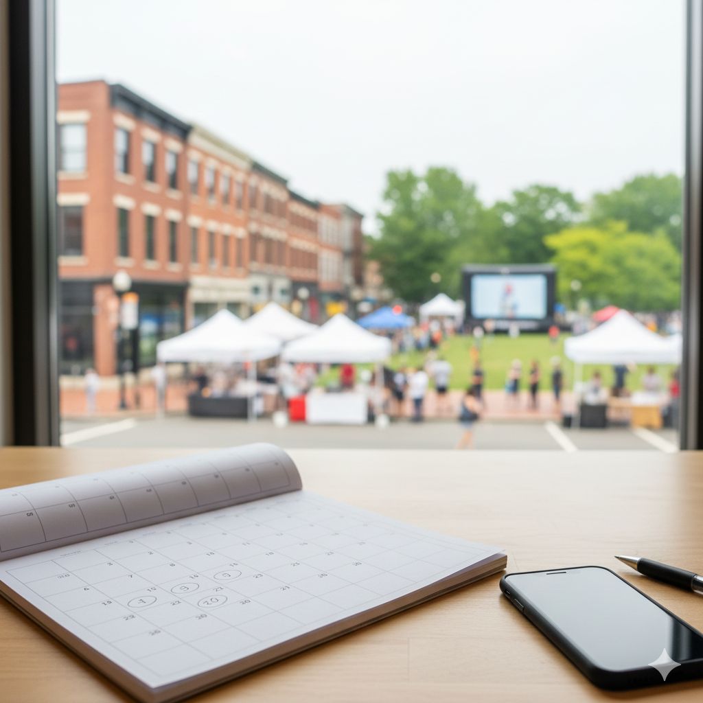 North Jersey events calendar planning scene with a monthly planner and phone on a table, looking out at a walkable downtown market and a park movie screen in the background.