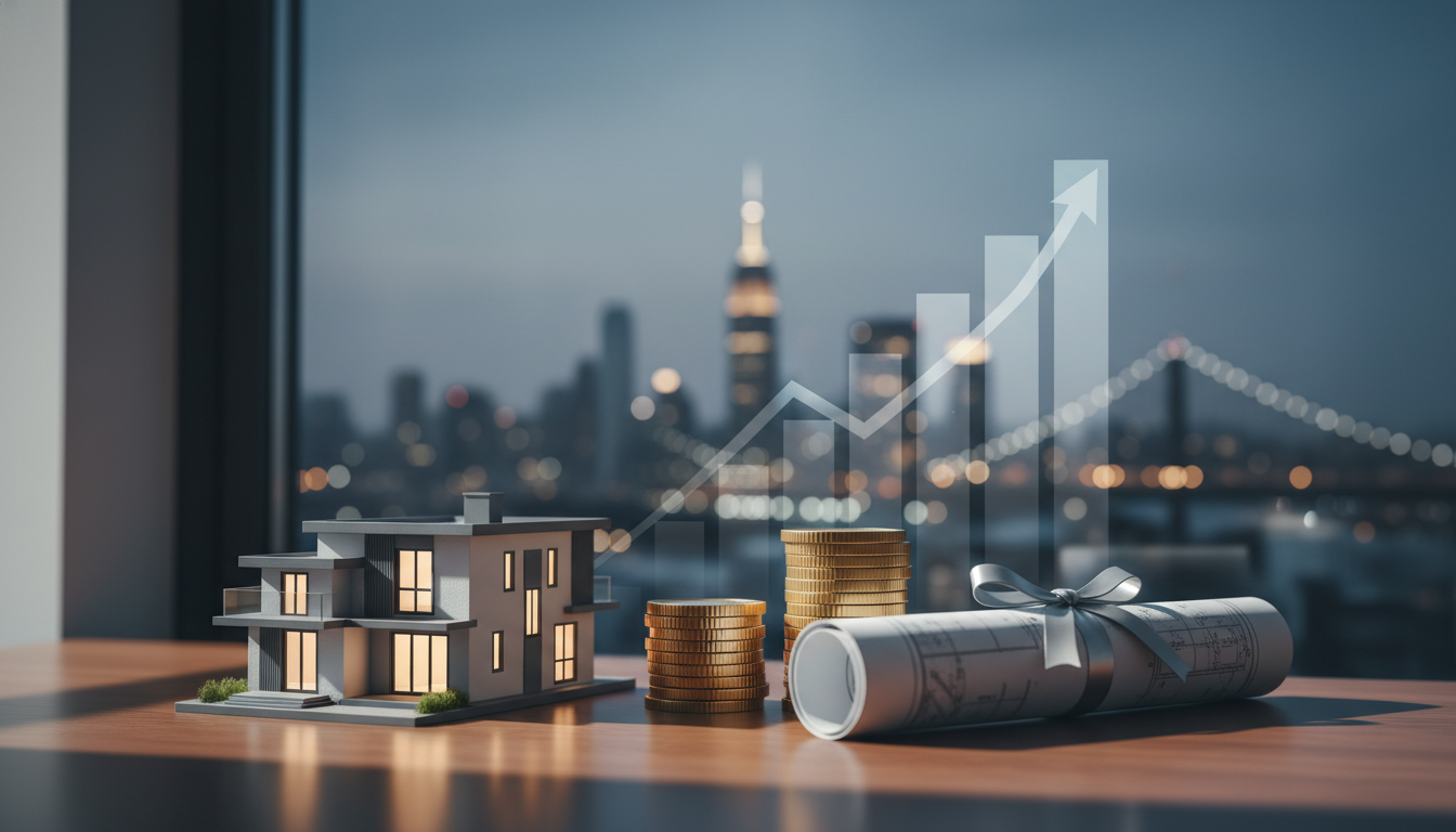 Jumbo loan mortgage options concept showing a luxury home model, stacked coins, and financing documents with an upward market trend, representing high-value home financing and luxury real estate purchases in New Jersey