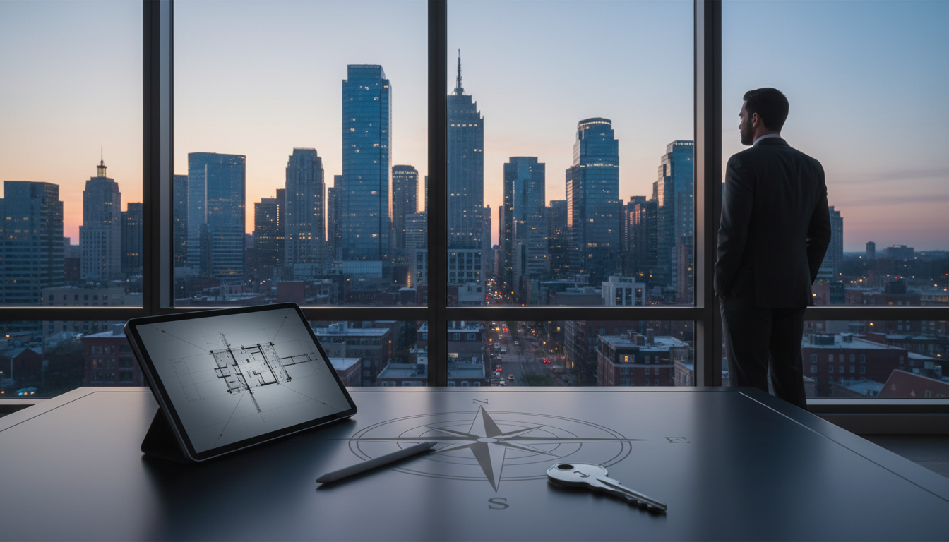 Luxury real estate buyer reviewing estate property plans with a city skyline view, representing buying a luxury home in Bergen County, strategic decision-making, and expert guidance in the New Jersey luxury real estate market