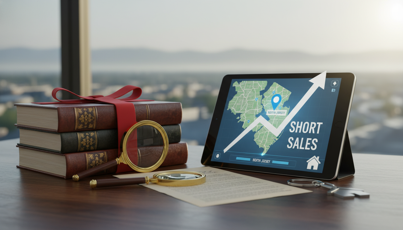 Short sale real estate concept in New Jersey showing property documents, legal review tools, and market data, highlighting North Jersey short sale expertise and professional guidance for complex home sales