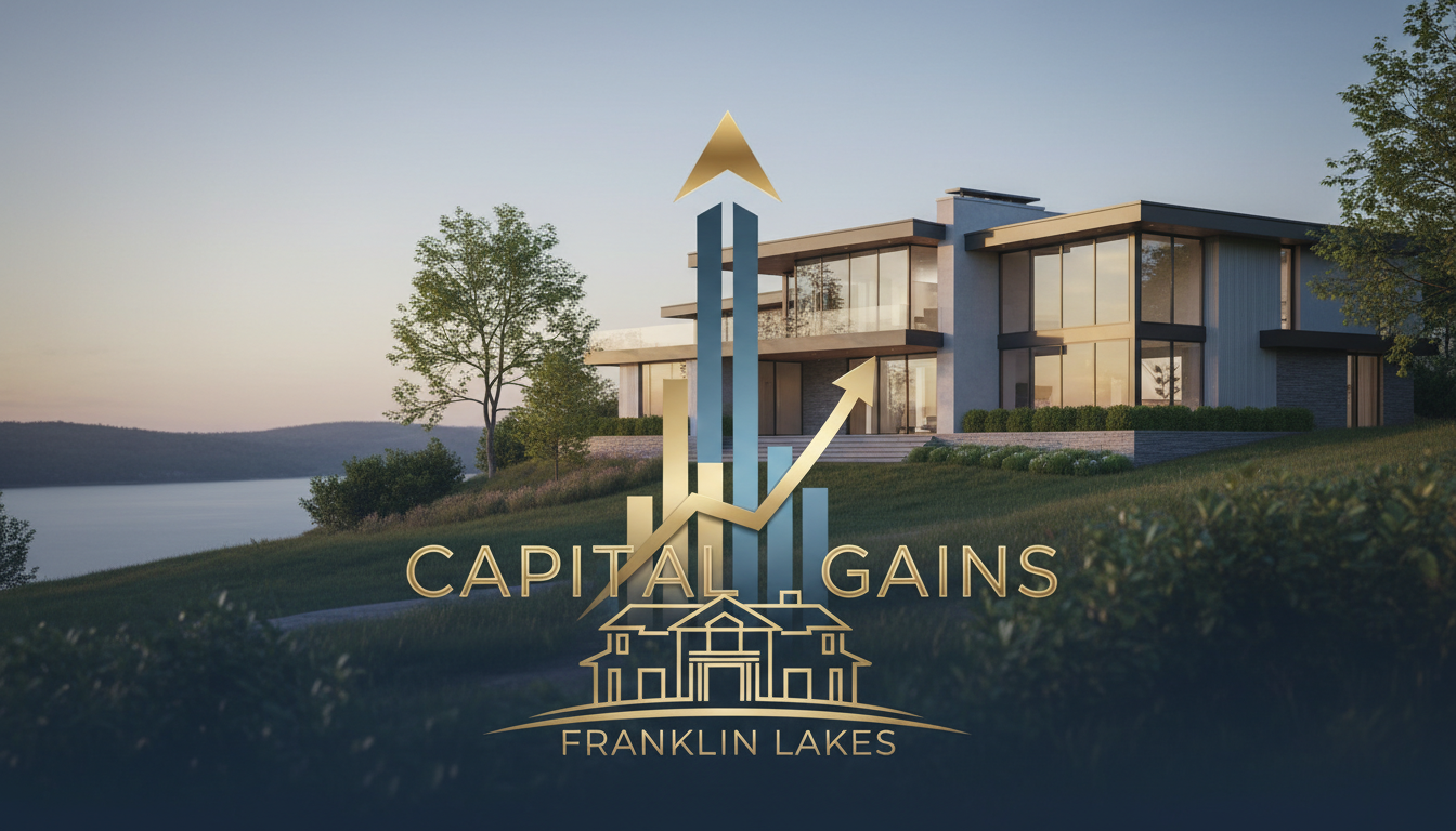 Capital gains luxury property illustration for Franklin Lakes estate sale, showing rising home value and capital gains considerations for inherited property taxes in NJ