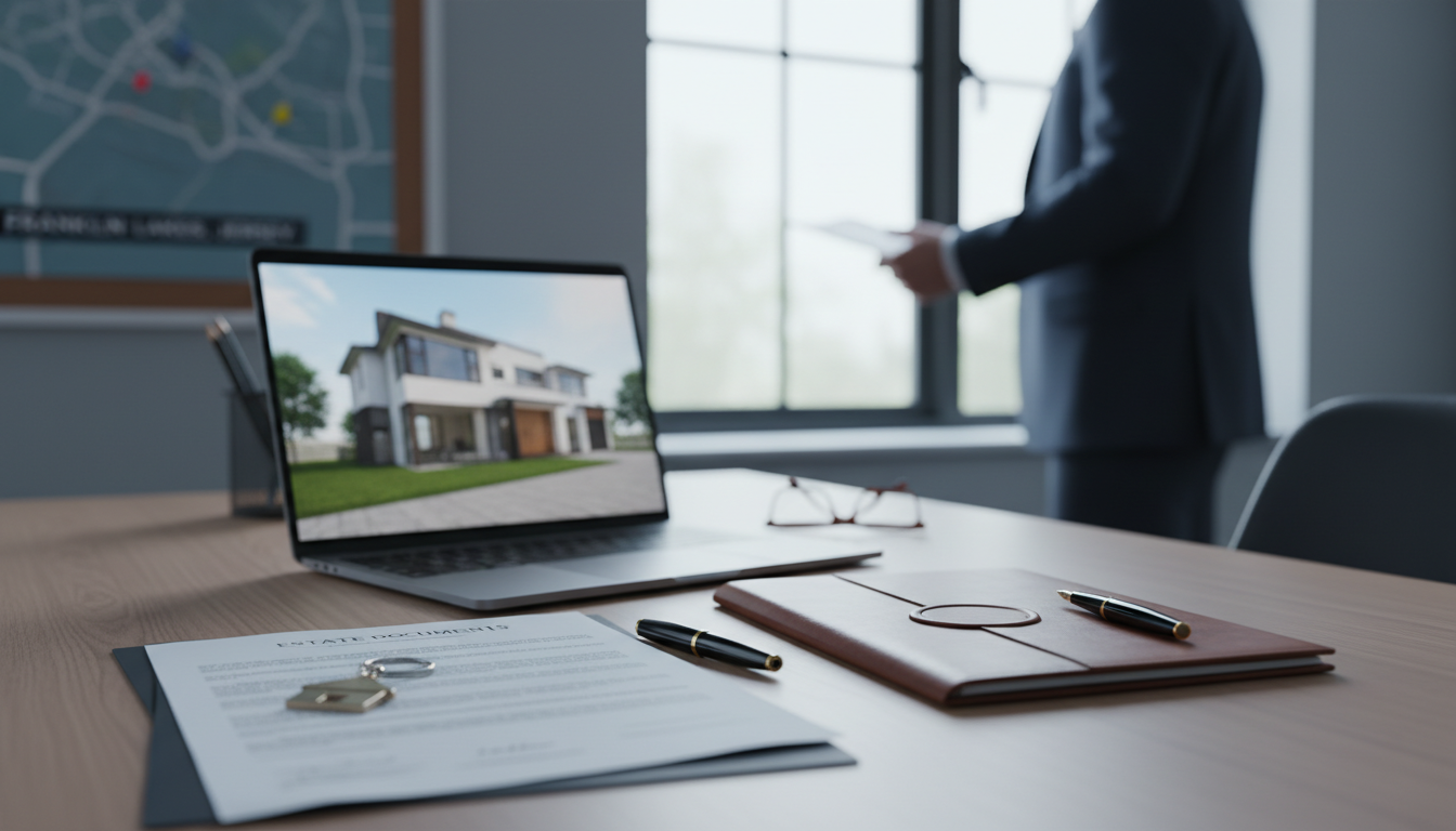 Selling inherited property in New Jersey, estate executor reviewing luxury home listing and probate documents during inherited estate sale planning