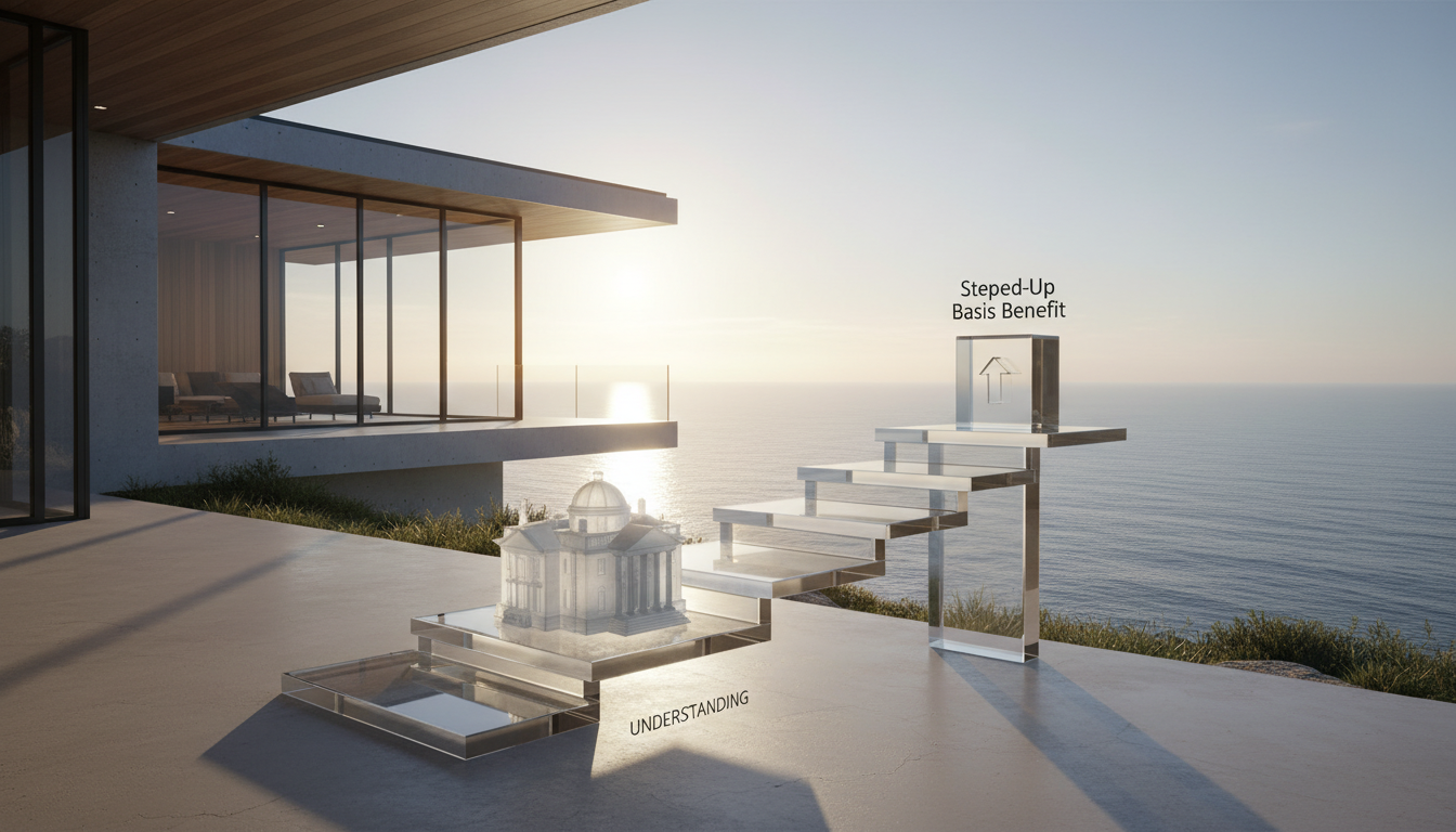 Stepped up basis estate explained for inherited property taxes in NJ, visual showing luxury home value reset and capital gains reduction for inherited estate sale