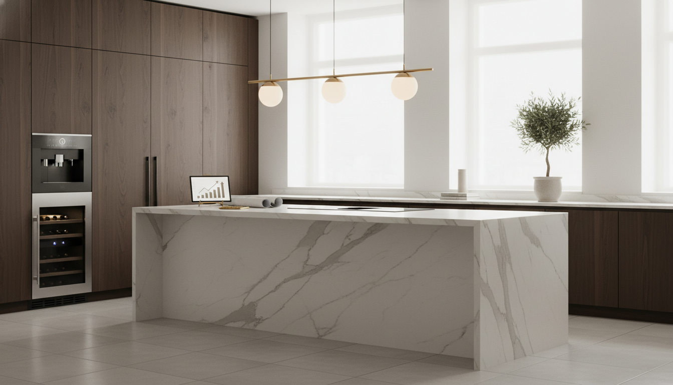 Luxury kitchen renovation with marble waterfall island, custom wood cabinetry, built-in appliances, and modern lighting designed to increase luxury home improvements value in Franklin Lakes NJ