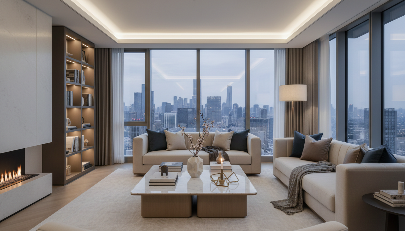 Luxury living room staging with floor-to-ceiling windows, modern fireplace, built-in shelving, and neutral furnishings designed to increase luxury home improvements value and support high end home renovations ROI in Franklin Lakes NJ