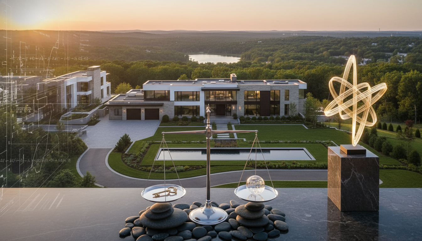 Luxury estate valuation concept in Franklin Lakes featuring modern home, balance scale, and market analysis visuals representing pricing luxury home to sell and estate property pricing strategy in North Jersey