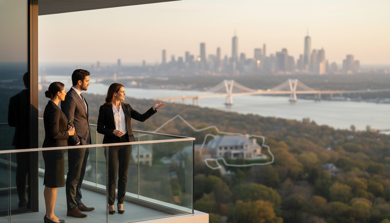 Luxury real estate pricing consultation in Franklin Lakes overlooking North Jersey skyline, illustrating expert valuation guidance from a trusted real estate agent in Clifton NJ for high end estate properties