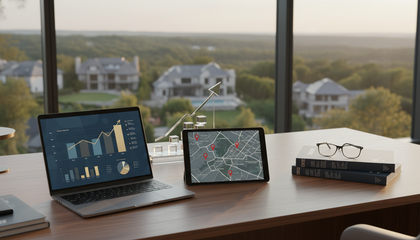 Luxury home pricing analysis workspace overlooking Franklin Lakes featuring market charts, high end comparable sales mapping, and estate property pricing strategy tools used to price a luxury home to sell